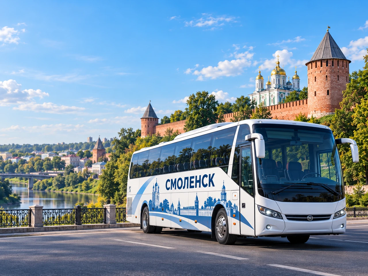 Пассажирский автобус Смоленск на фоне города Смоленск